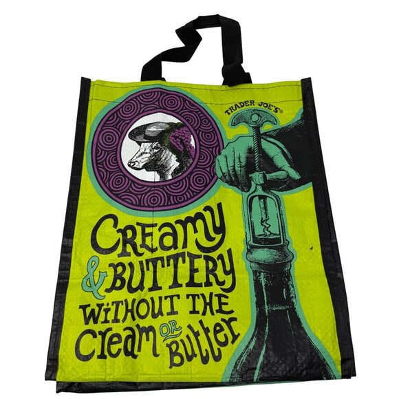 Trader Joes Reusable Tote Bag Graphic Wine Theme Creamy Buttery Avoid Austere - Picture 2 of 3